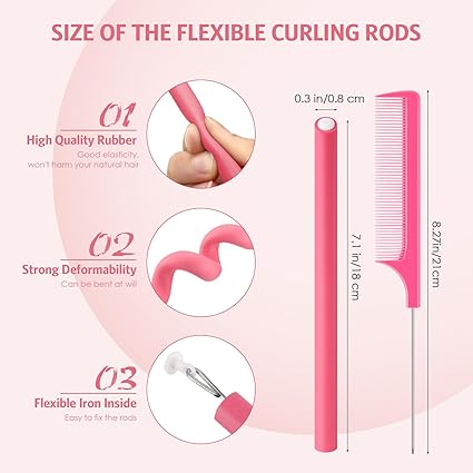 10 pcs Flexible Curling Rods Twist Hair Rollers Soft Foam Rods No Heat and 1 Pcs Steel Rat Tail Comb