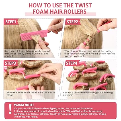 10 pcs Flexible Curling Rods Twist Hair Rollers Soft Foam Rods No Heat and 1 Pcs Steel Rat Tail Comb